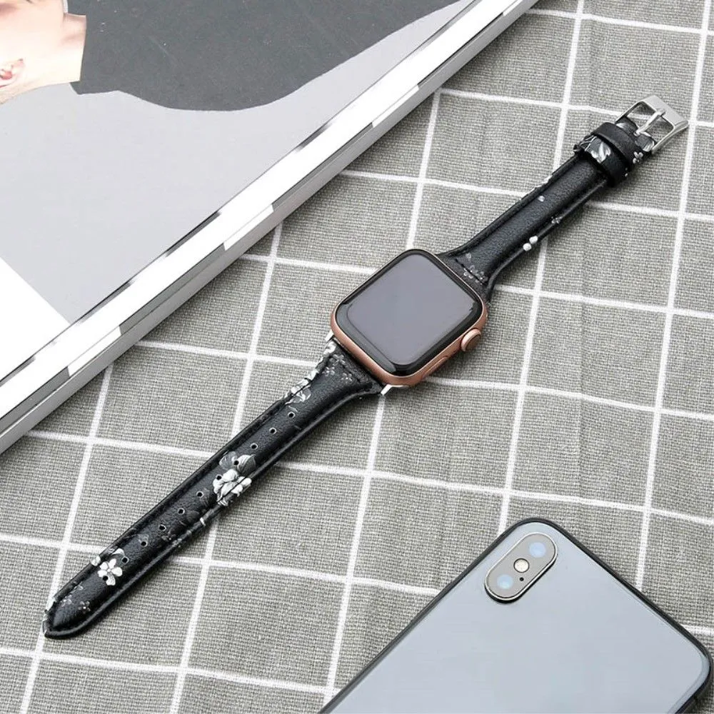 Apple Watch (45mm) B6 genuine leather watch strap - Grey Flower / Size: L