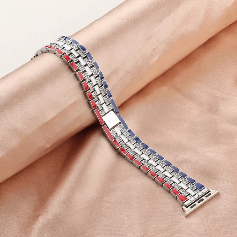 Apple Watch (45mm) rhinestone flag style watch strap - Red / Blue / Silver