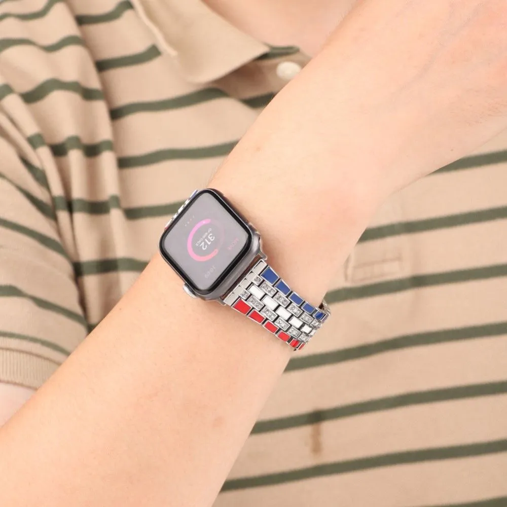 Apple Watch (45mm) rhinestone flag style watch strap - Red / Blue / Silver