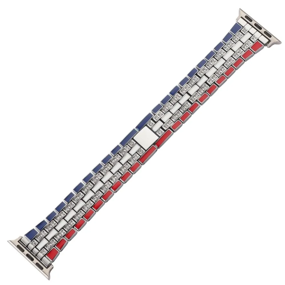 Apple Watch (45mm) rhinestone flag style watch strap - Red / Blue / Silver