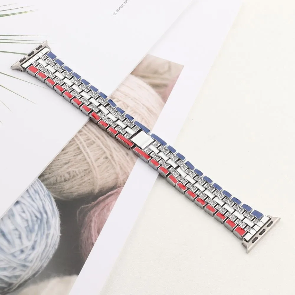Apple Watch (45mm) rhinestone flag style watch strap - Red / Blue / Silver