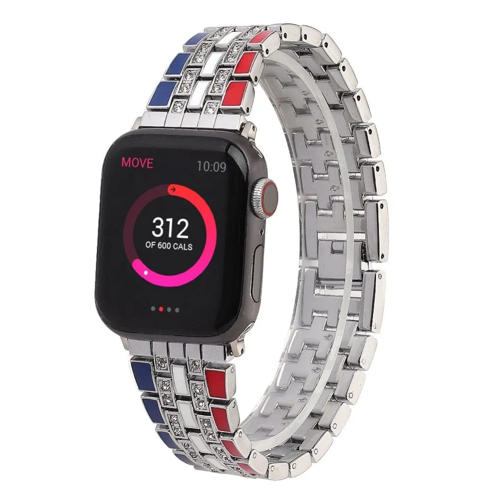 Apple Watch (45mm) rhinestone flag style watch strap - Red / Blue / Silver