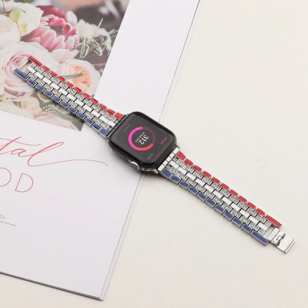 Apple Watch (45mm) rhinestone flag style watch strap - Red / Blue / Silver