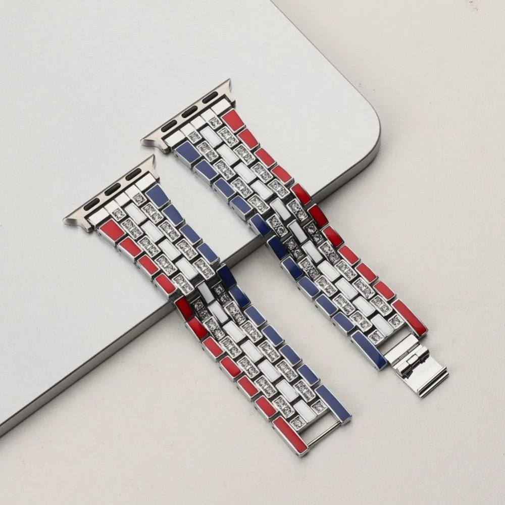 Apple Watch (45mm) rhinestone flag style watch strap - Red / Blue / Silver