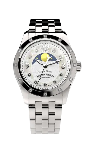 Armand Nicolet Ladies Watch M03 Moonphase 34mm Silver White A151RAA-AN-MA150