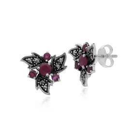 Art Nouveau Stil Rubin & Markasit Ohrstecker in 925 Sterling Silber