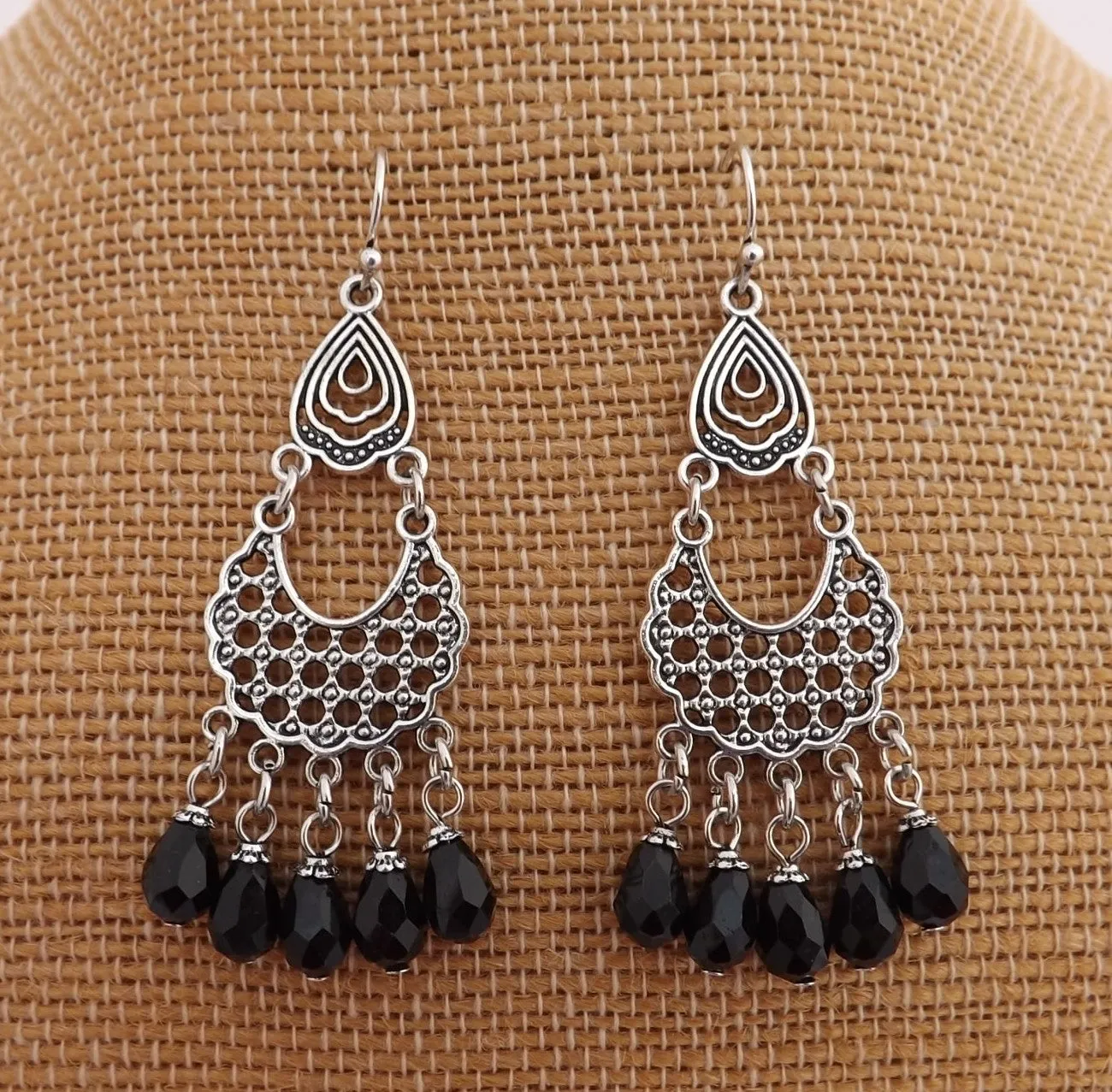 Black & Silver Tone Chandelier Drop Earrings
