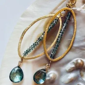 Blue-Green Topaz Gemstone 18k Brushed Gold Vermeil Dangle Earrings 3”