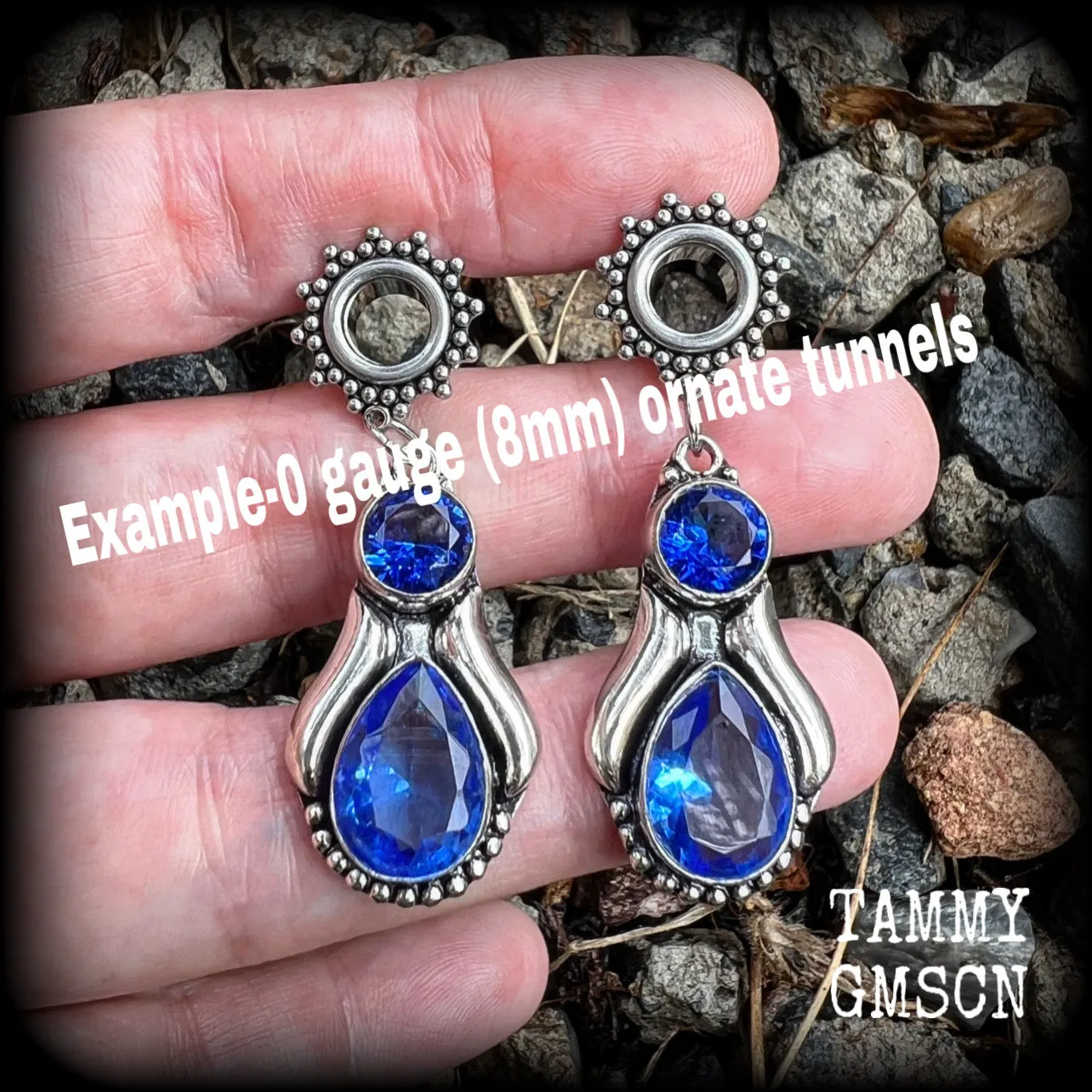 Blue topaz boho tunnel earrings-Gemstone tunnel dangles