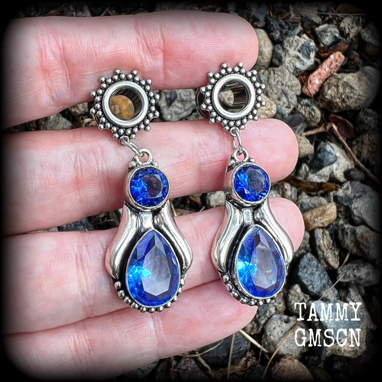 Blue topaz boho tunnel earrings-Gemstone tunnel dangles