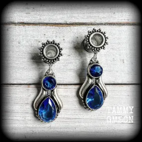 Blue topaz boho tunnel earrings-Gemstone tunnel dangles