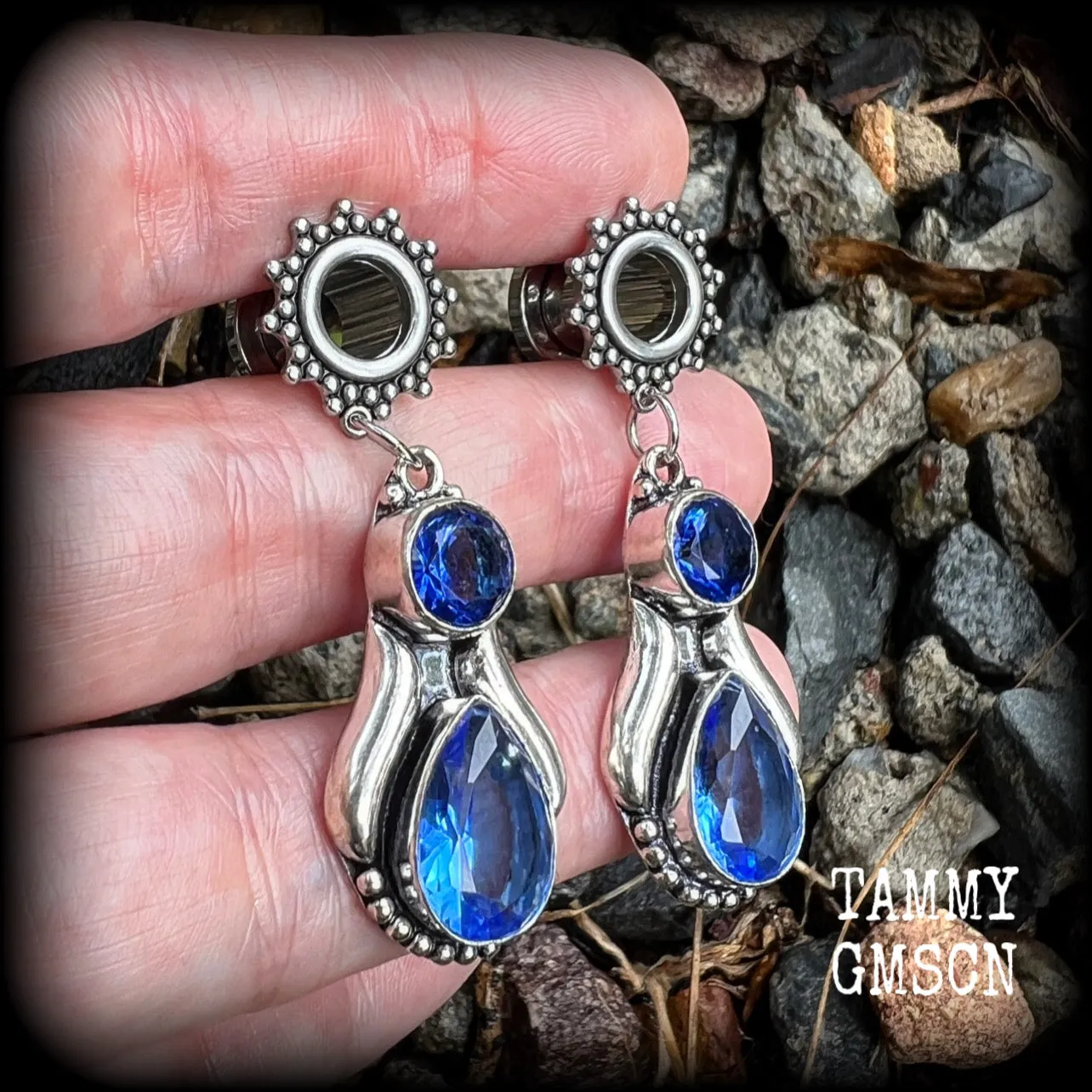 Blue topaz boho tunnel earrings-Gemstone tunnel dangles