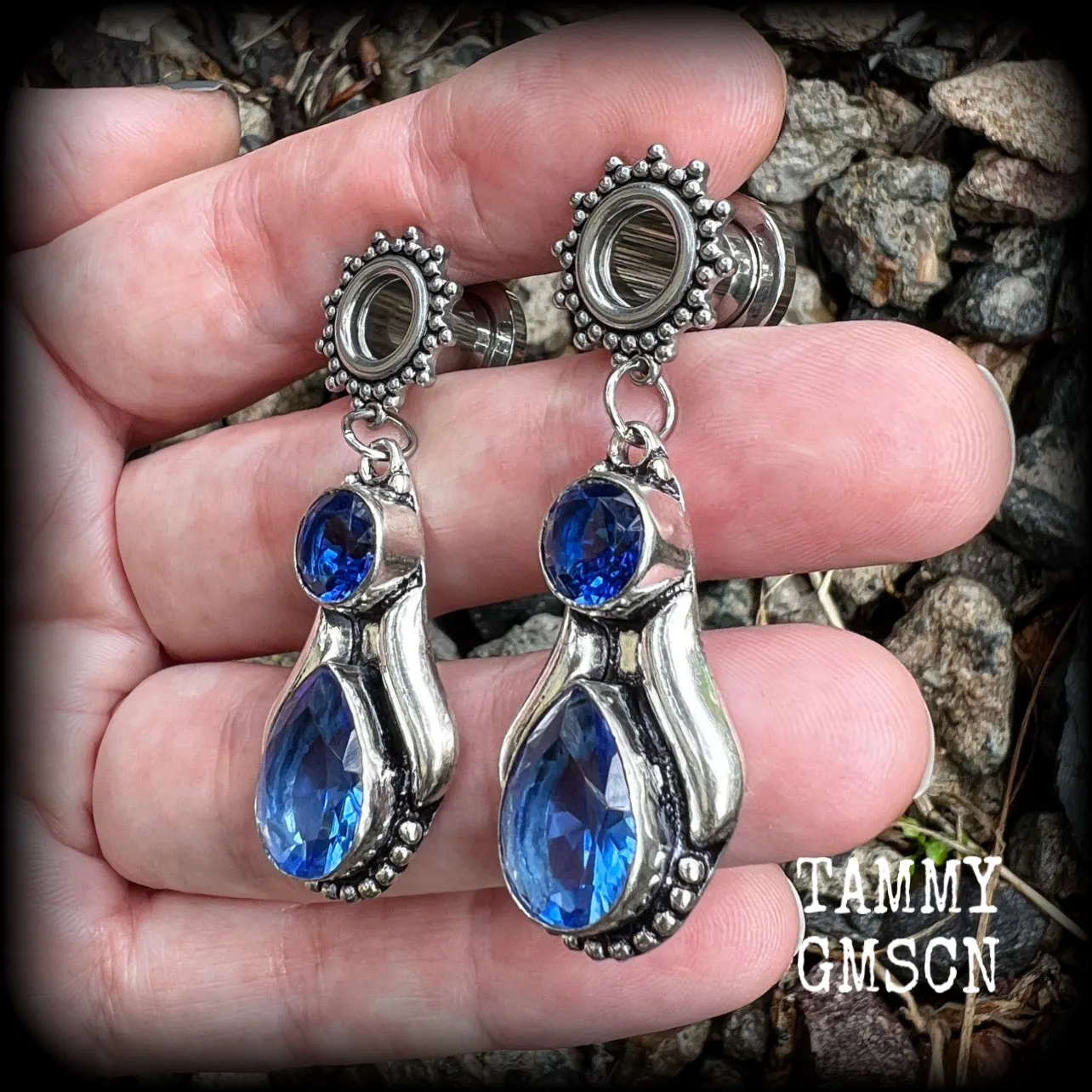 Blue topaz boho tunnel earrings-Gemstone tunnel dangles