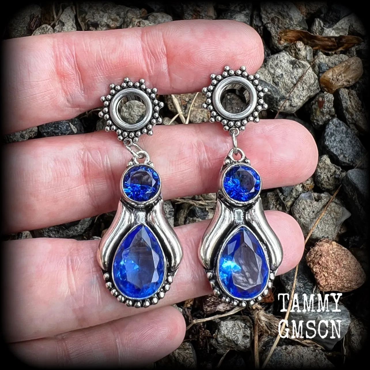 Blue topaz boho tunnel earrings-Gemstone tunnel dangles