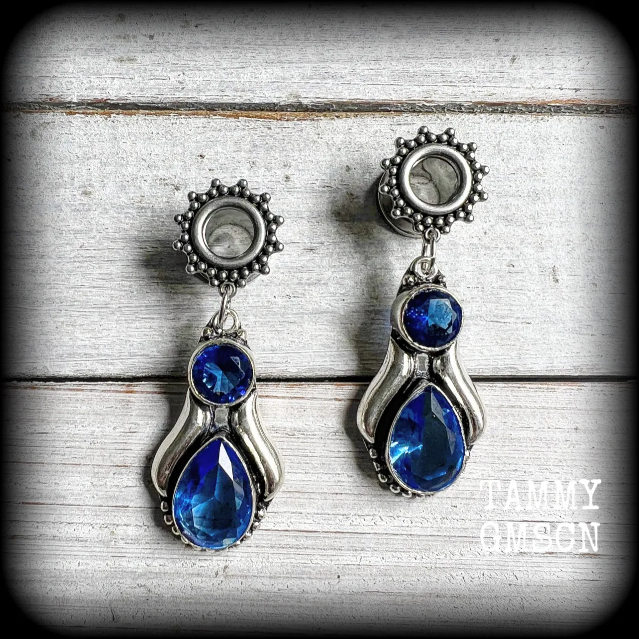 Blue topaz boho tunnel earrings-Gemstone tunnel dangles