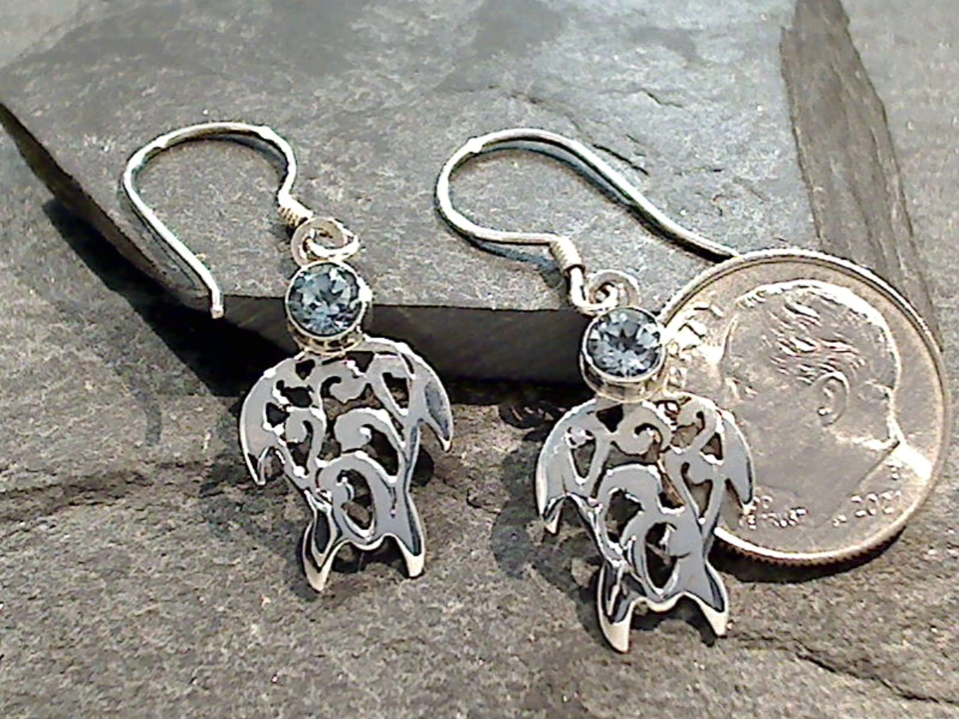 Blue Topaz, Sterling Silver Sea Turtle Earrings