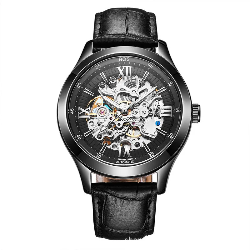 BOS Men's Automatic Skeleton Watch - Self-Winding Mechanical Black Dial with Stainless Steel Band