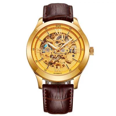 BOS Men's Automatic Skeleton Watch - Self-Winding Mechanical Black Dial with Stainless Steel Band