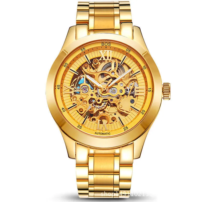 BOS Men's Automatic Skeleton Watch - Self-Winding Mechanical Black Dial with Stainless Steel Band