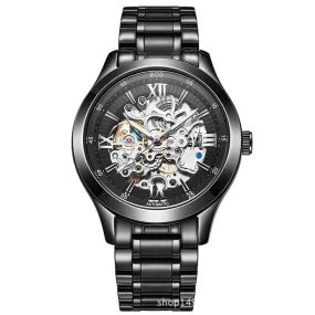 BOS Men's Automatic Skeleton Watch - Self-Winding Mechanical Black Dial with Stainless Steel Band