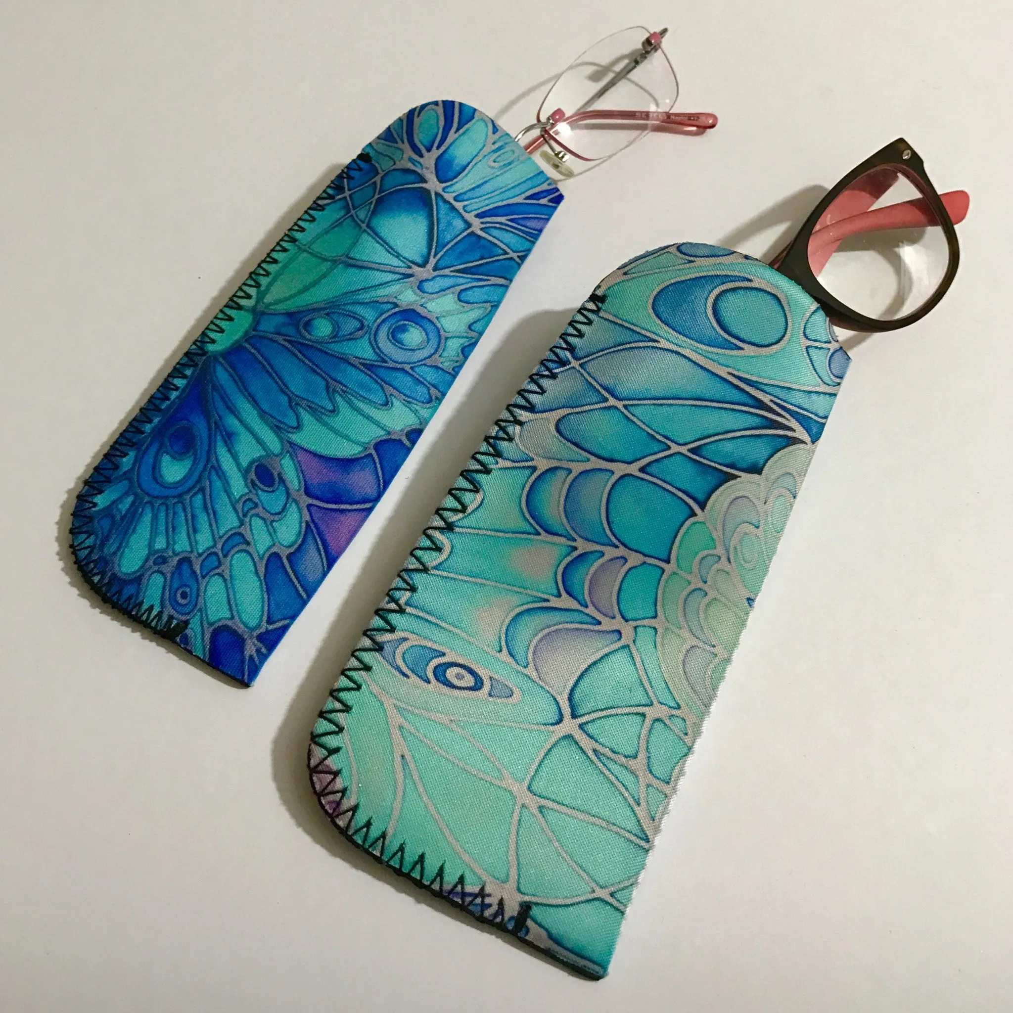 Butterflies glasses case turquoise - slip-on padded glasses cover - Reading or Large Glasses Cover