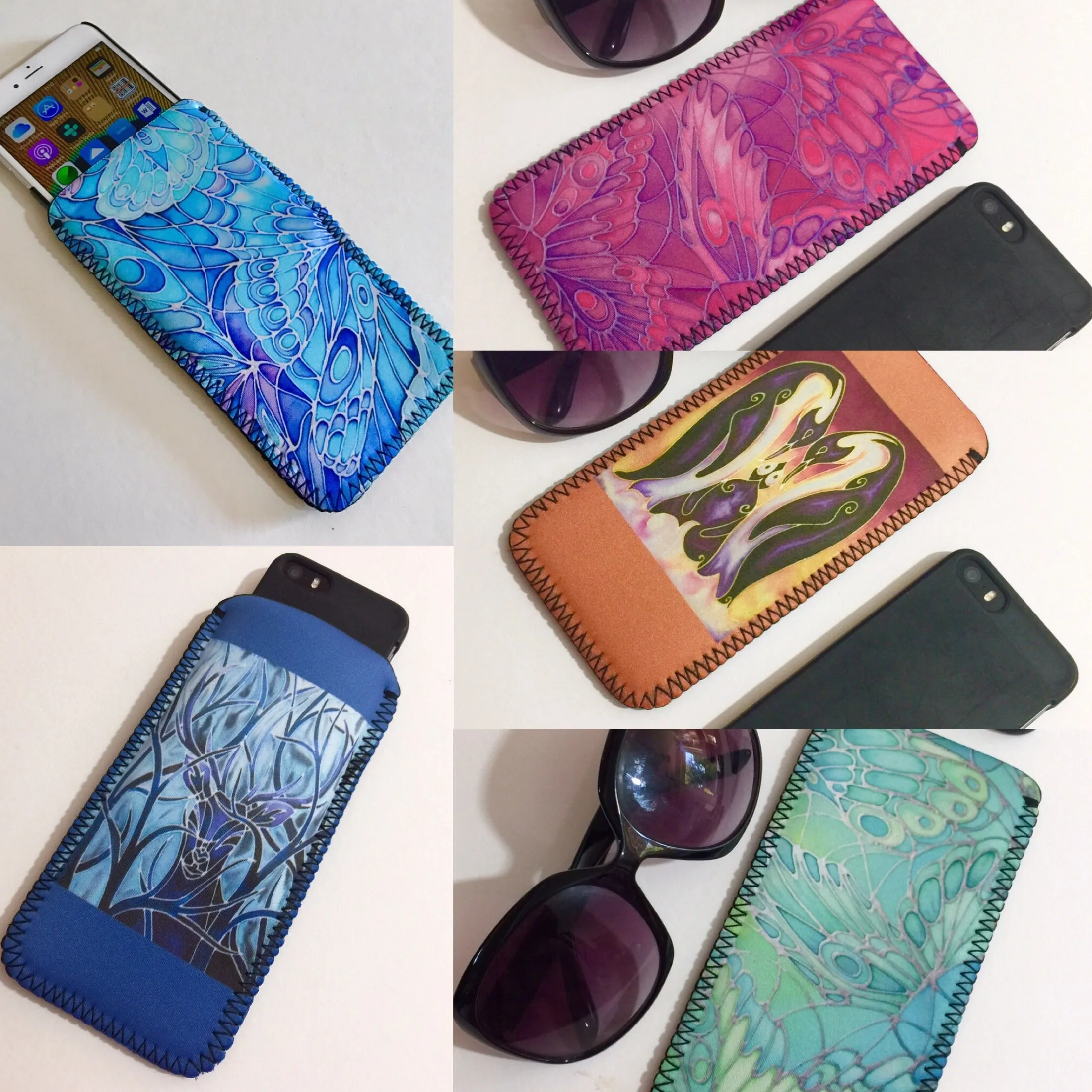 Butterflies glasses case turquoise - slip-on padded glasses cover - Reading or Large Glasses Cover