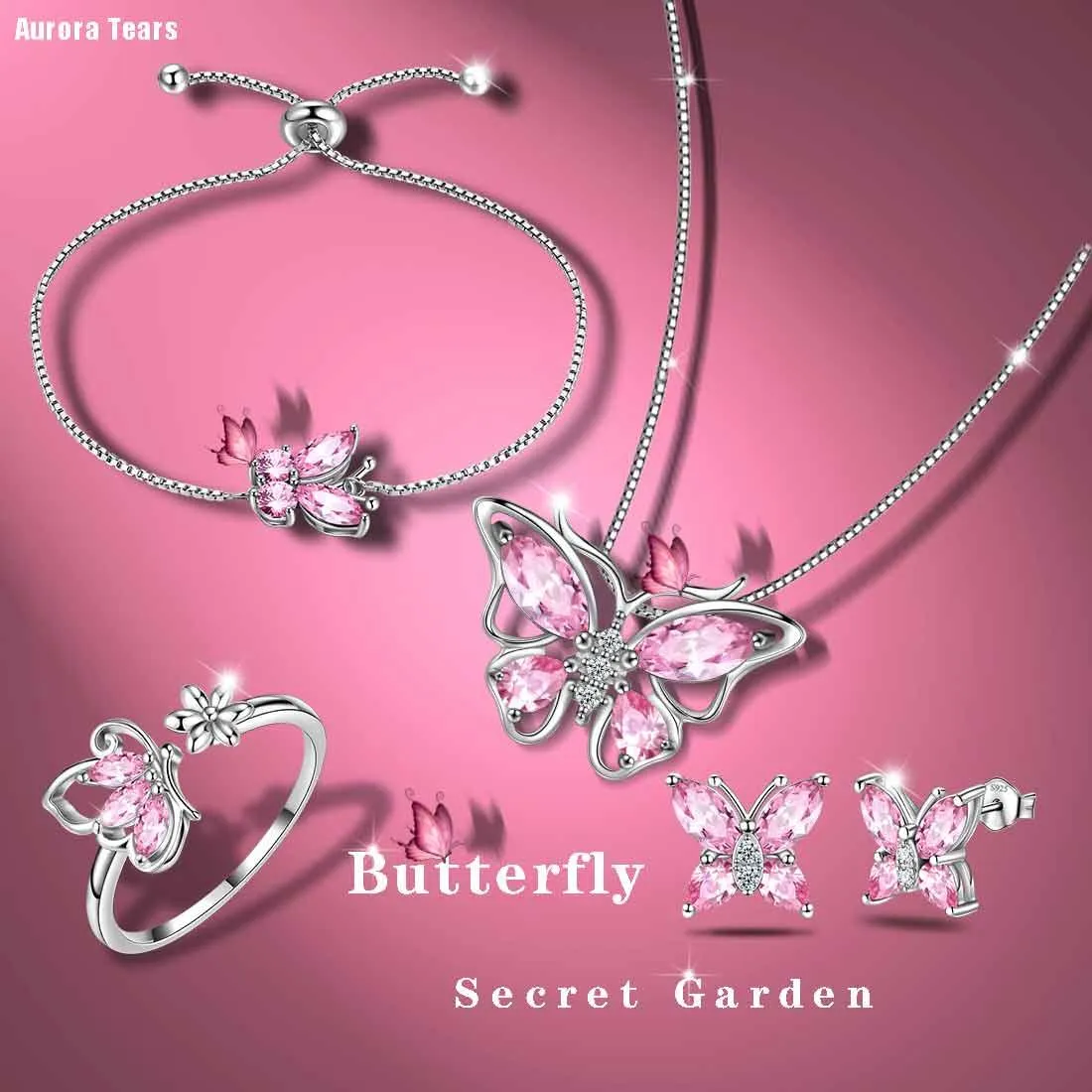 Butterfly Birthstone October Tourmaline Jewelry Set 5PCS Women Girls Birthday Gift
