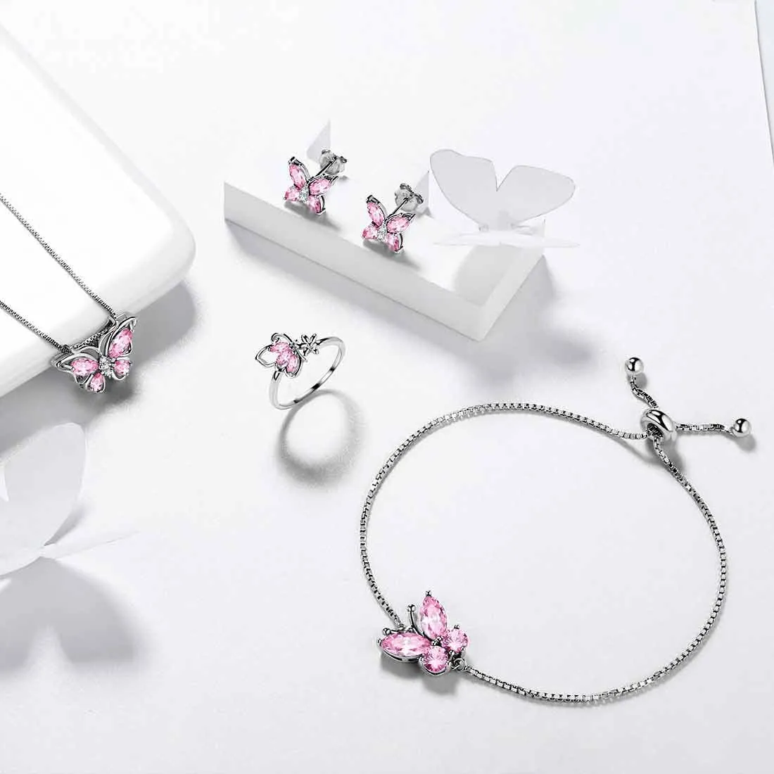 Butterfly Birthstone October Tourmaline Jewelry Set 5PCS Women Girls Birthday Gift