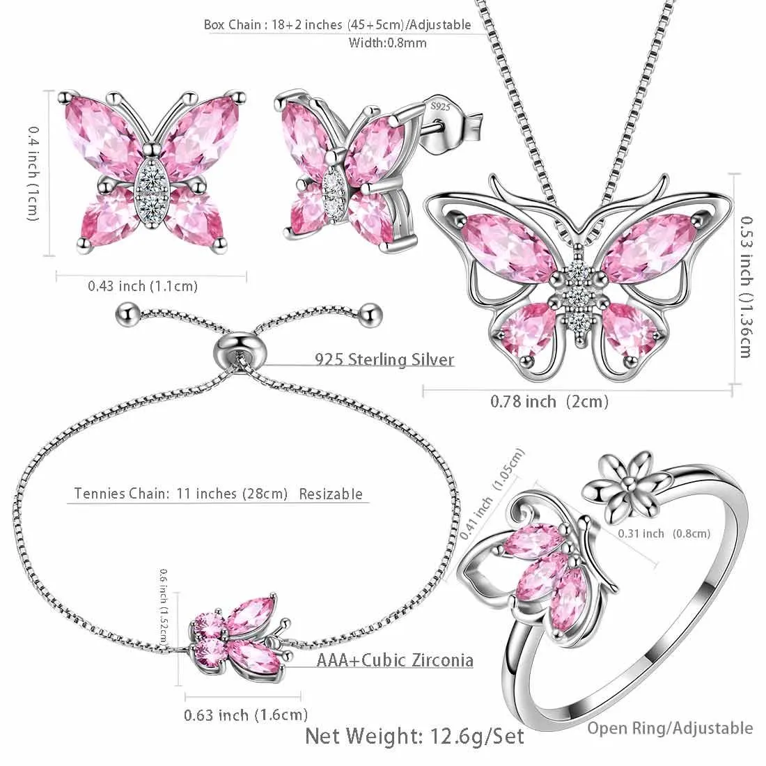 Butterfly Birthstone October Tourmaline Jewelry Set 5PCS Women Girls Birthday Gift