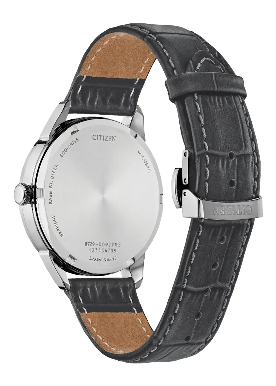 CITIZEN GENTS ECO-DRIVE SILVER DIAL GREY LEATHER BAND BU2110-01A