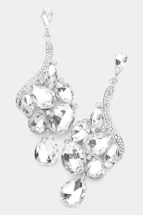 Clear Crystal Multi Stone Cluster Dangle Silver Evening Earrings
