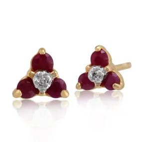 Damen 375 Gold 9ct Gelbgold Rund Drei Rubin & Diamant Ohrstecker Rot
