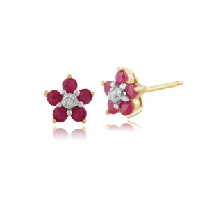 Damen 375 Gold 9ct Gelbgold Rund Fünf Rubin & Diamant Blumen Cluster Ohrstecker Rot