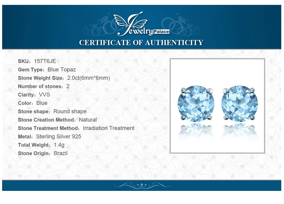 Earrings JewelryPalace Round 2ct Natural Sky Blue Topaz Birthstone Solid 925 Sterling Silver