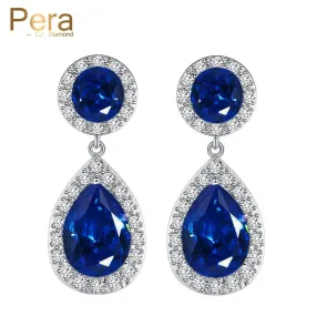 Elegant Big Water Drop Design White Gold Color Round Royal Blue Cubic Zirconia Stone Fashion Women Earrings Jewelry