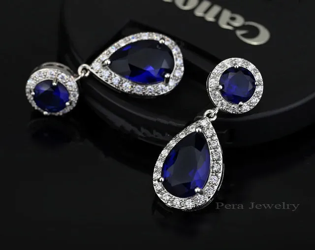 Elegant Big Water Drop Design White Gold Color Round Royal Blue Cubic Zirconia Stone Fashion Women Earrings Jewelry