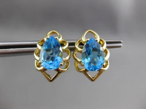 ESTATE LARGE 4.0CT AAA BLUE TOPAZ 14KT YELLOW GOLD STUD FLOWER EARRINGS #23834