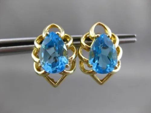 ESTATE LARGE 4.0CT AAA BLUE TOPAZ 14KT YELLOW GOLD STUD FLOWER EARRINGS #23834