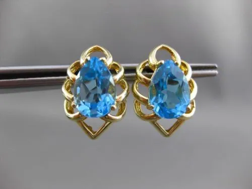 ESTATE LARGE 4.0CT AAA BLUE TOPAZ 14KT YELLOW GOLD STUD FLOWER EARRINGS #23834