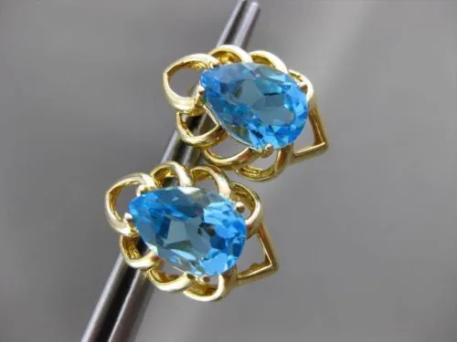 ESTATE LARGE 4.0CT AAA BLUE TOPAZ 14KT YELLOW GOLD STUD FLOWER EARRINGS #23834