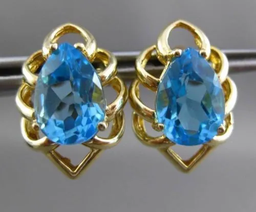 ESTATE LARGE 4.0CT AAA BLUE TOPAZ 14KT YELLOW GOLD STUD FLOWER EARRINGS #23834