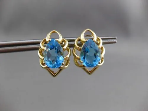 ESTATE LARGE 4.0CT AAA BLUE TOPAZ 14KT YELLOW GOLD STUD FLOWER EARRINGS #23834