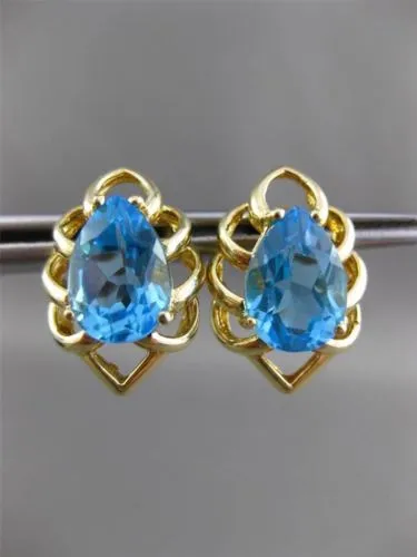 ESTATE LARGE 4.0CT AAA BLUE TOPAZ 14KT YELLOW GOLD STUD FLOWER EARRINGS #23834