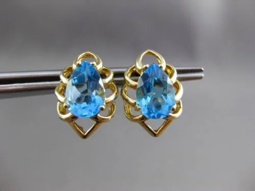ESTATE LARGE 4.0CT AAA BLUE TOPAZ 14KT YELLOW GOLD STUD FLOWER EARRINGS #23834