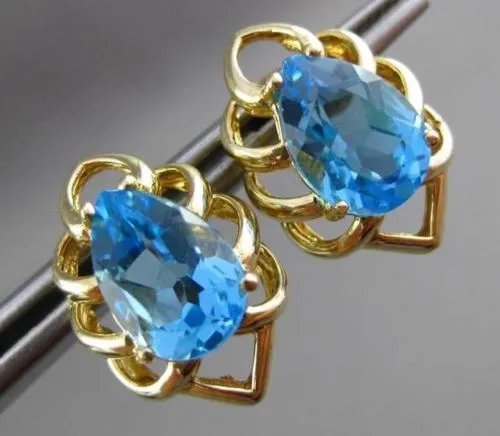 ESTATE LARGE 4.0CT AAA BLUE TOPAZ 14KT YELLOW GOLD STUD FLOWER EARRINGS #23834