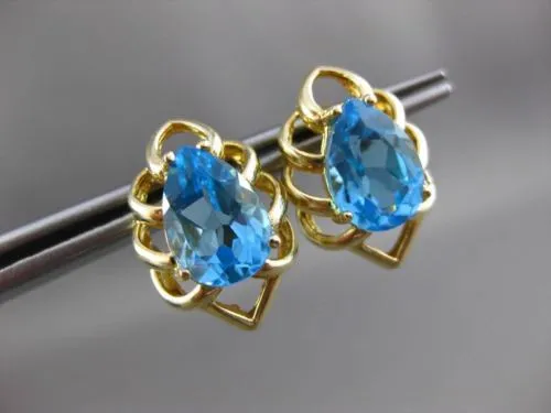 ESTATE LARGE 4.0CT AAA BLUE TOPAZ 14KT YELLOW GOLD STUD FLOWER EARRINGS #23834