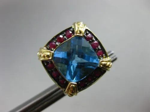 ESTATE LARGE 6.36CT BLUE TOPAZ & RUBY 14KT YELLOW GOLD FILIGREE CLIP ON EARRINGS