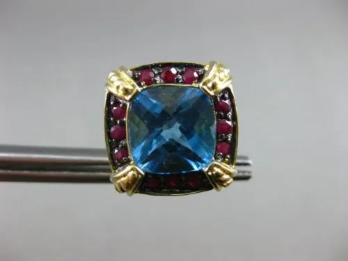 ESTATE LARGE 6.36CT BLUE TOPAZ & RUBY 14KT YELLOW GOLD FILIGREE CLIP ON EARRINGS