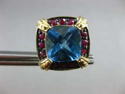ESTATE LARGE 6.36CT BLUE TOPAZ & RUBY 14KT YELLOW GOLD FILIGREE CLIP ON EARRINGS