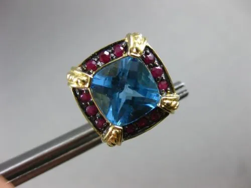ESTATE LARGE 6.36CT BLUE TOPAZ & RUBY 14KT YELLOW GOLD FILIGREE CLIP ON EARRINGS